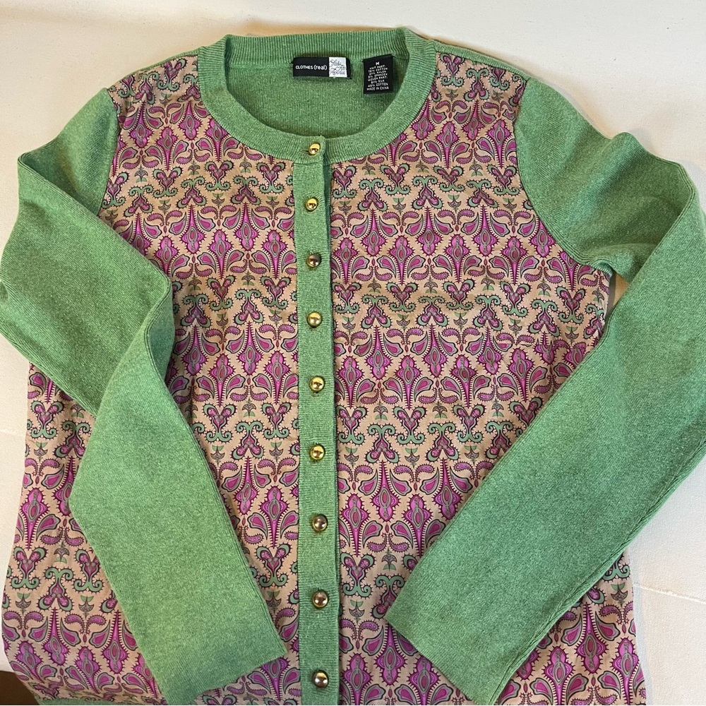 Saks Fifth Avenue Classic Green Cotton‎ and Purple Silk Blend Cardigan Sweater M - Picture 8 of 13